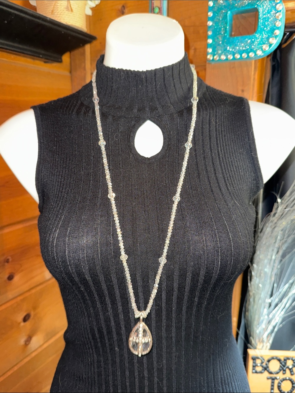 Long Silver-tone Crystal Pendant Necklace - Women Jewelry
